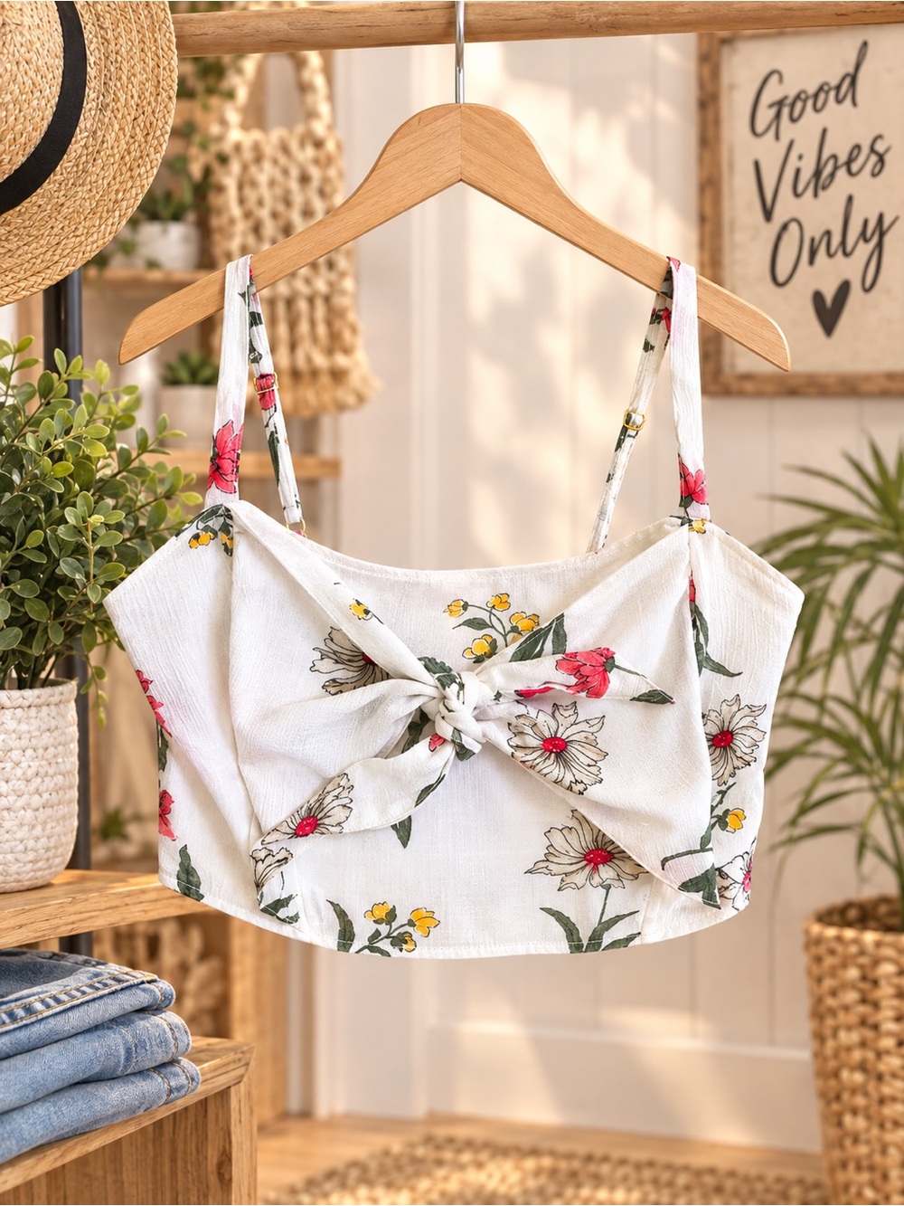 Hollister White Floral Tie-Front Crop Cami with Pink & Yellow Accents